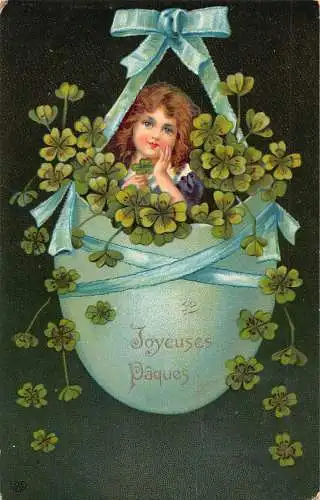 L085 Ostergrüße Cherub Fee Blumenei Fantasie Kleeblatt Postkarte