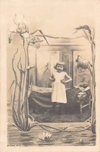 L085 Grüße Lotus Blumen Jugendstil Baby Baden Fantasie Vintage Postkarte