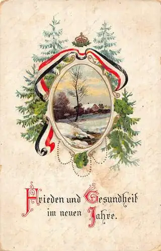B062 Neujahr 1915 Deutsche Flagge Band Kiefern Schnee Ansicht WWI Feld Postkarte