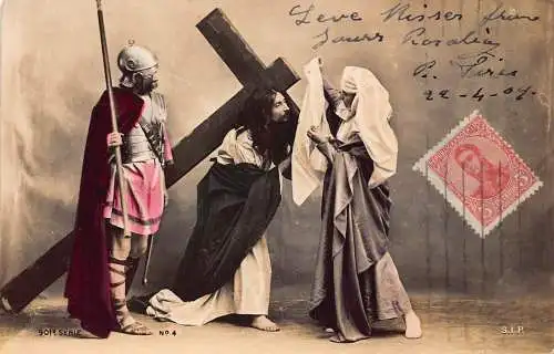 L360 Argentinien Theaterszene Jesus Fürsorglich Kreuz Römer Soldat Maria Postkarte