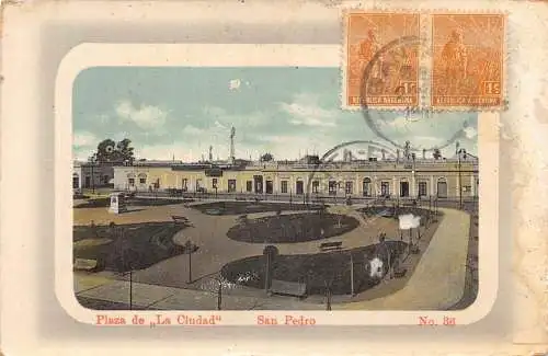 L360 Argentinien San Pedro Plaza de La Ciudad Platz Bänke Vintage Postkarte