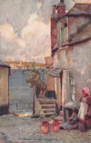 L366 Down Along Newlyn 1926 Gemälde Künstlerkarte Frau Kind Vase Meer Postkarte
