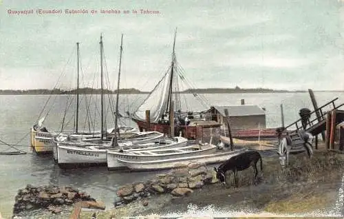 Ecuador Guayaquil Estacion de lanchas en la Tahona Boote Esel Vintage Postkarte
