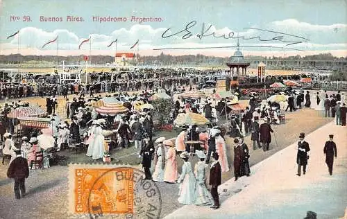 L359 Argentinien 1908 Buenos Aires Argentinisches Hippodrom Regenschirme Postkarte