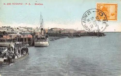 L359 Argentinien 1909 Rosario R.A. Muelles Meer Dampfschiffe Postkarte