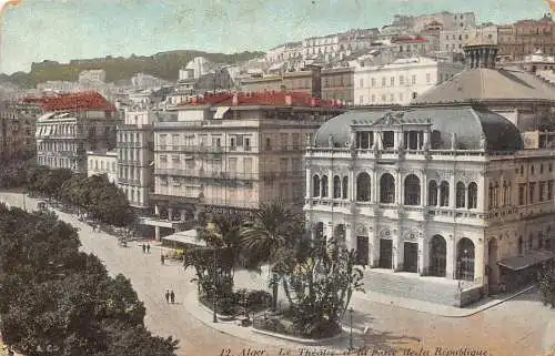 B063 Algerien Algier Theater und Place de la Republique Platz Vintage Postkarte