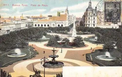 L356 Argentinien Buenos Aires Plaza de Mayo Platz Brunnen Baum Vintage Postkarte
