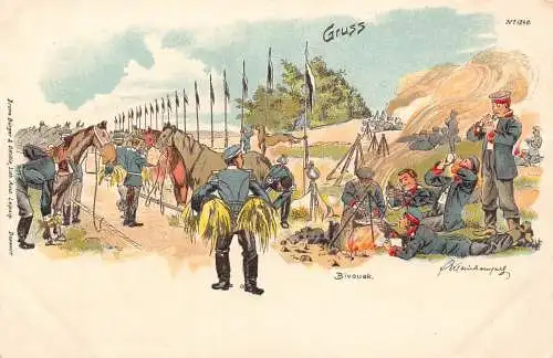 L031 Deutschland Gruss Kavallerie Biwak signiert Militär Litho Postkarte