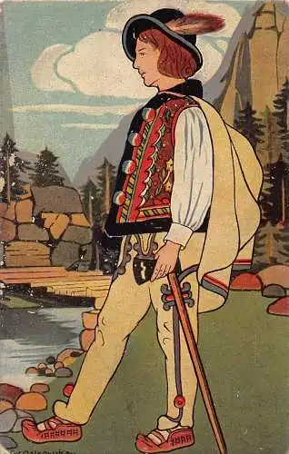 L029 Polen Polnische Ureinwohner Tracht - signierte Ostrowska Vintage Postkarte