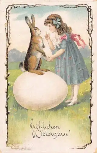 L226 Ostergrüße 1914 Mädchen Hase Ei Blumen geprägte Postkarte