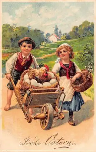 L226 Ostergrüße 1910 Kinder Schiebewagen Henne Eier Prägepostkarte