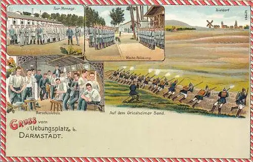 L031 Deutschland Gruss vom Vebungsplatz bei Darmstadt Militär Litho Postkarte