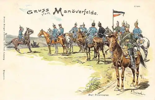 L031 Deutschland Gruss vom Manoever Bayern Division Militär Litho signierte Postkarte