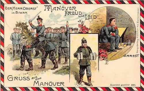 L031 Deutschland Gruss aus dem Manoever Verhaftung Bierdose 1907 Militär Litho Postkarte