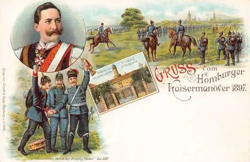 L031 Deutschland Gruss vom Homburger Kaisermanoever 1897 Militär Litho Postkarte