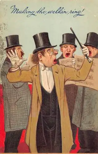 L028 Männer singen Dirigent Comic geprägt britische Vintage Postkarte