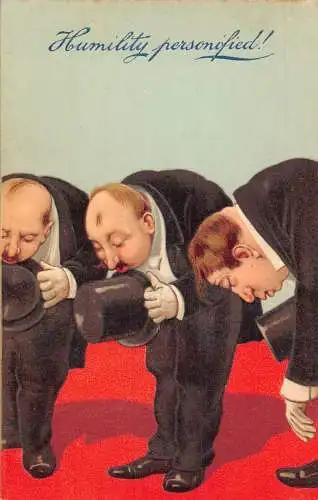 L028 Männer Demut personifiziert Comic geprägt britische Vintage Postkarte