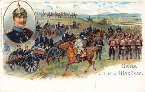 L031 Deutschland Gruss aus dem Manoever Kaiser Wilhelm Militär Litho Postkarte