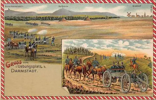 L031 Deutschland Gruss vom Vebungsplatz Darmstadt 1914 WWI Militär Litho Postkarte