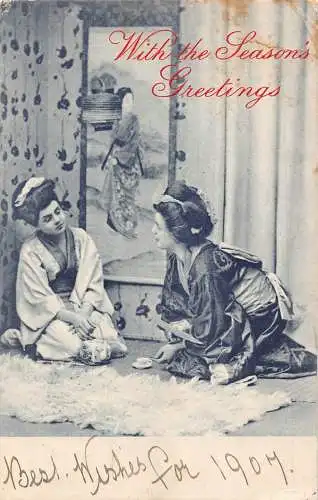 L029 Season's Greetings 1906 Geishas Kostüm Vintage Postkarte