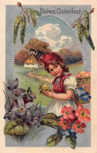 L226 Ostergrüße Mädchen Vergissmeinnicht Blumen geprägte Postkarte