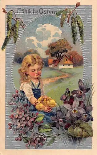 L226 Ostergrüße 1911 Mädchen Küken Blumen geprägte Postkarte