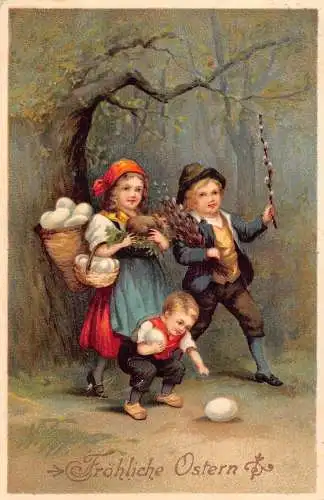 L226 Ostergrüße 1911 Kinder Eier Hase Prägepostkarte