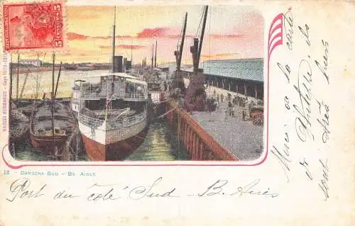 L356 Argentinien Buenos Aires Darsena Sud Dampfschiff Hafen Sonnenuntergang Litho Postkarte