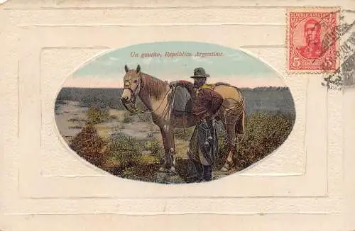 L356 Argentinien Pferd Mann Cowboy Un Gaucho geprägt Vintage Postkarte