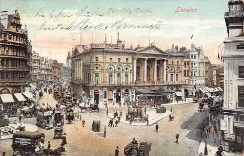 A114 England 1905 Piccadilly Circus London Double Decker Bus Shops Postkarte