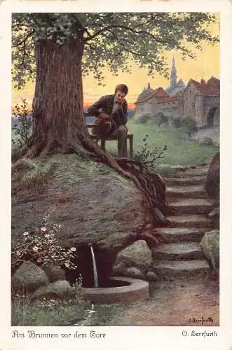 Mann am Brunnen unter hohem Baum in der Nähe von Tor Kunst signierte O Berrfurth Postkarte