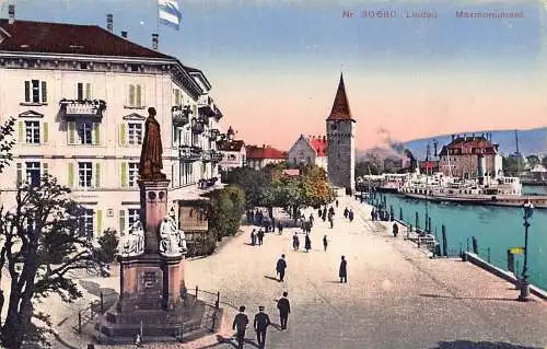 B074 Deutschland Lindau Maxdenkmal Dampfschiff Vintage Postkarte