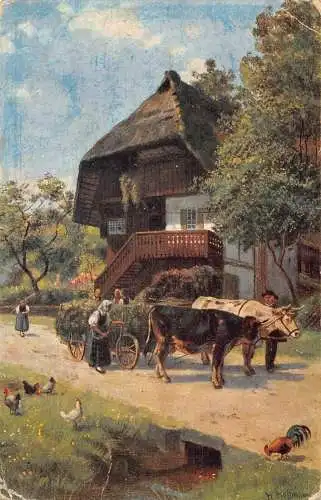 Kunst Schwarzwaldhaus Ochsenkarre Hühner Bauern 1916 1. Weltkrieg Feld Postkarte
