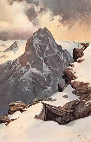 Winter Scenic View Cliffs Mountaineer Art signed Fritz Bayerlein Postkarte