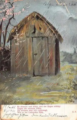 Regentag in Frühlingshütte mit Heudach Donner Gedicht Kunst Vintage Postkarte