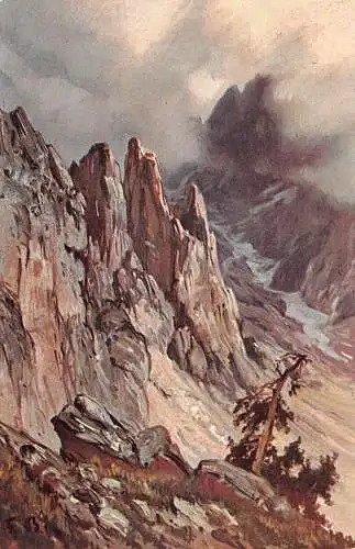 Cliffs Clouded Mountain Art signed Fritz Bayerlein Postkarte