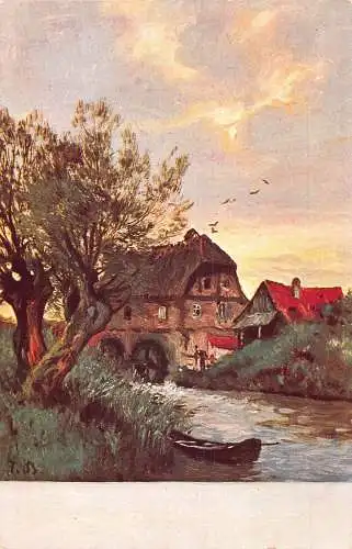 Dorf idyllische Ansicht Fluss Boot Mühle Sonnenuntergang Kunst signiert Fritz Bayerlein Postkarte