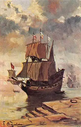 Hafenansicht Schiff Abfahrt Kunst signiert Fritz Bayerlein Vintage Postkarte