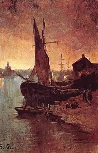 Segelboot bei Sonnenuntergang am Hafen bei Dorfkunst signierte Fritz Bayerlein Postkarte