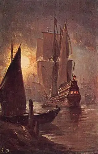 Kunst signiert FB Segelschiff bei Nachtsee Vintage Postkarte