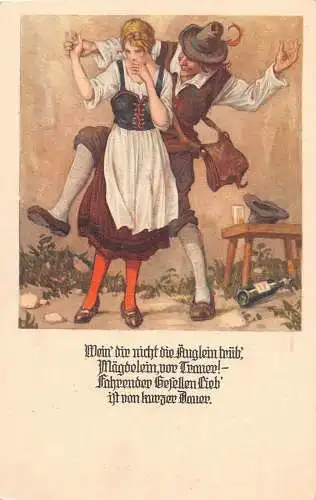 Kunst betrunkener Mann tanzt Frau weint Weinflasche Vintage Postkarte