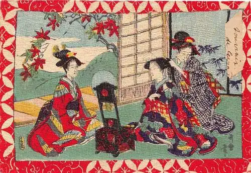 China 1900 Kunst Frauen machen Haare traditionelle Tracht Ahornbaum Vintage Postkarte