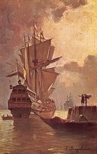 Segelschiff bei Nacht See Boote Kunst signiert FB Vintage Postkarte