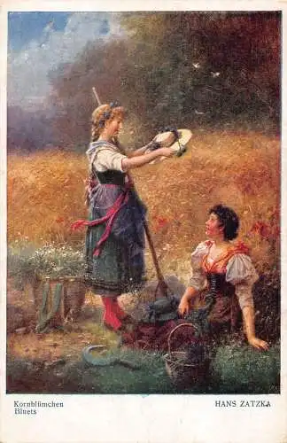 Mädchen Blumenpflücker Hut Korb Kunst signiert Hans Zatzka Vintage Postkarte