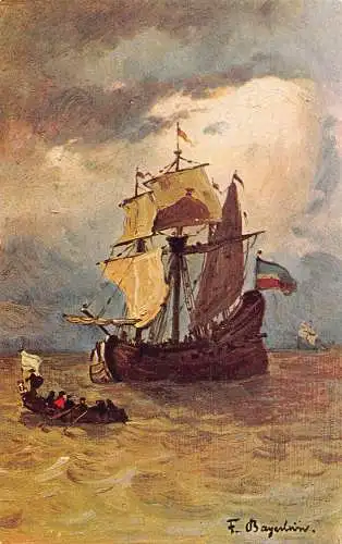 Kunst signiert Segelschiff auf See Boot Passanten Vintage Postkarte