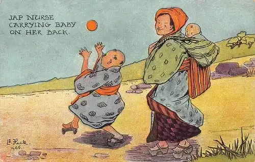 Japanische Krankenschwester trägt Baby auf dem Rücken Kunst signiert LE Heck 1906 Postkarte