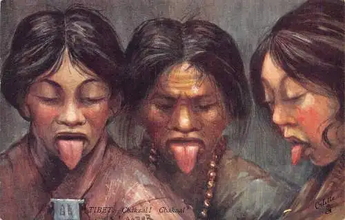China Tibet Chakzal! Drei einheimische Frauen halten Zungen heraus Vintage Postkarte