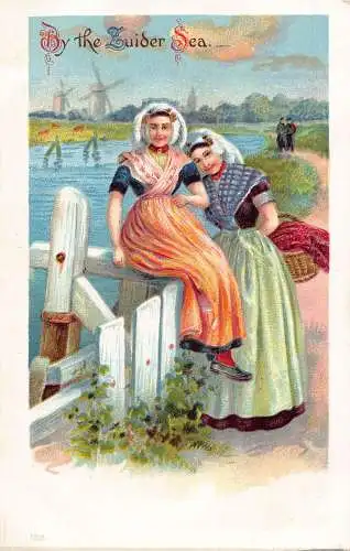 Niederländische Frauen in traditioneller Kleidung von der Zuidersee Windmühle Kunst Postkarte