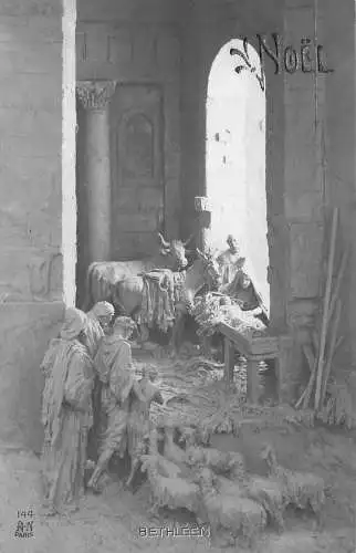 Weihnachtsgrüße Bethleem Szene Krippe Jesu Schafe Ton Kunst Postkarte