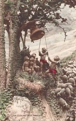 La Cloche des Amours Jungen ziehen Glockenbaum Tonkunst Vintage Postkarte